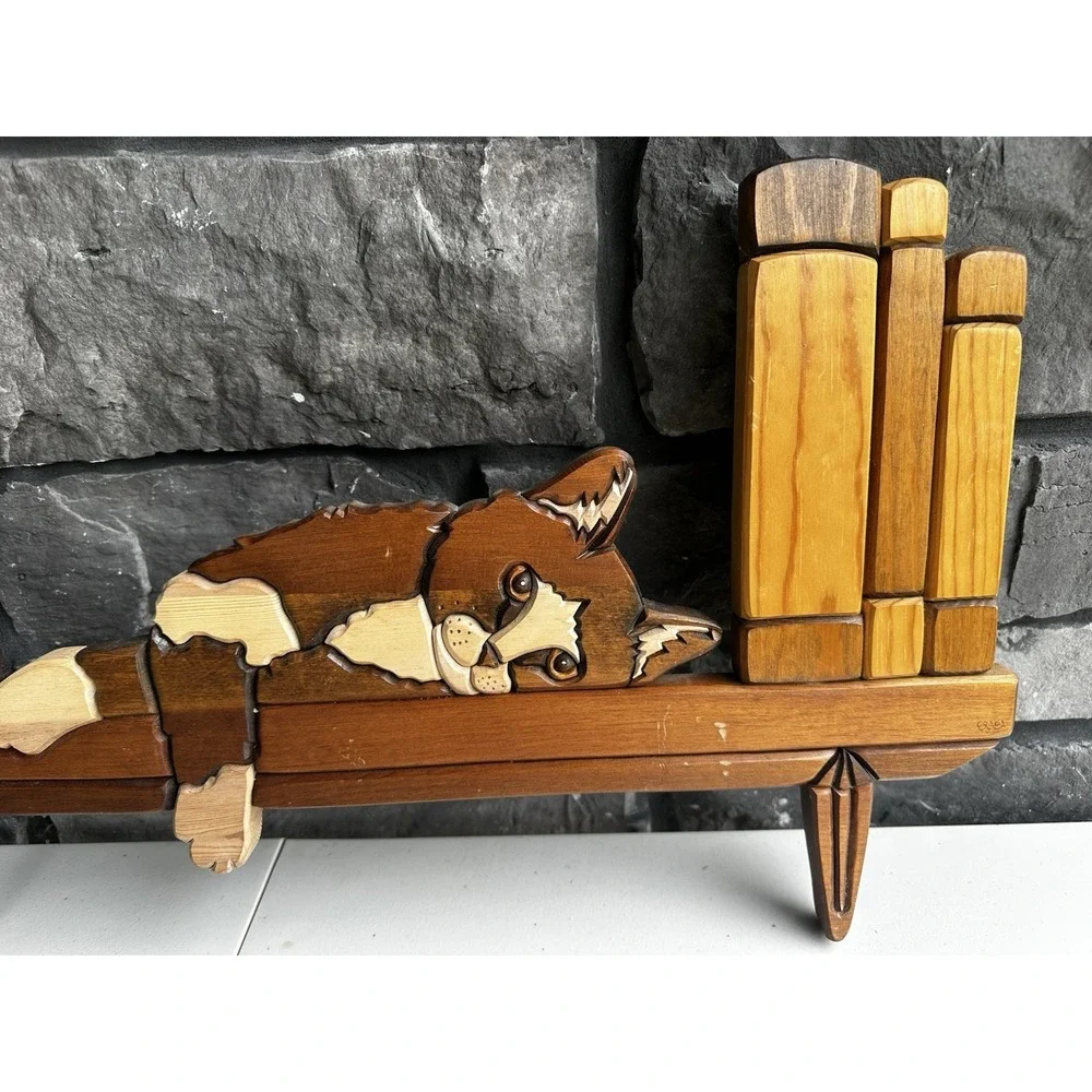 Vintage Intarsia Wood Wall Art Cat Bookshelf Decorative Hanging Cottage Granny